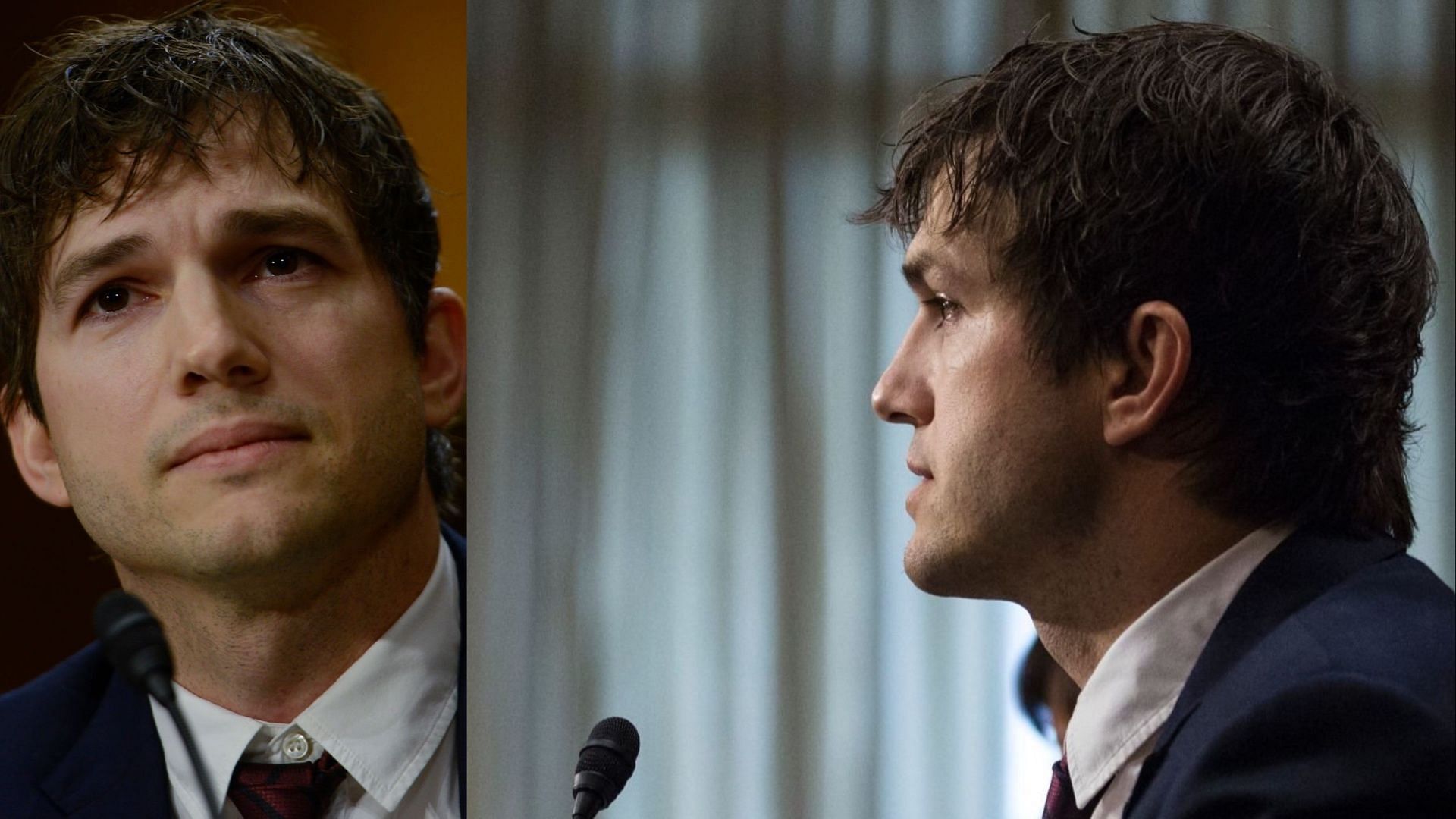 Ashton Kutcher giving an emotional speech about child trafficking before the US Senate. (Images via Leigh Vogel/Getty Images)