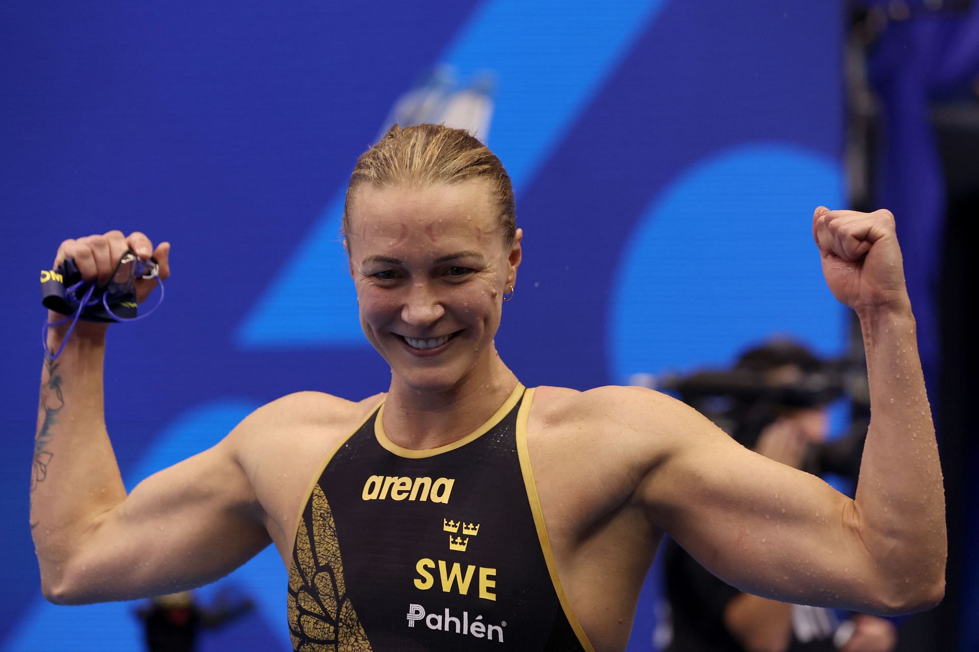 Sarah Sjostrom celebrates after winning gold in women&#039;s 50m Freestyle at the 2023 World Aquatics Championship at Marine Messe in Fukuoka, Japan