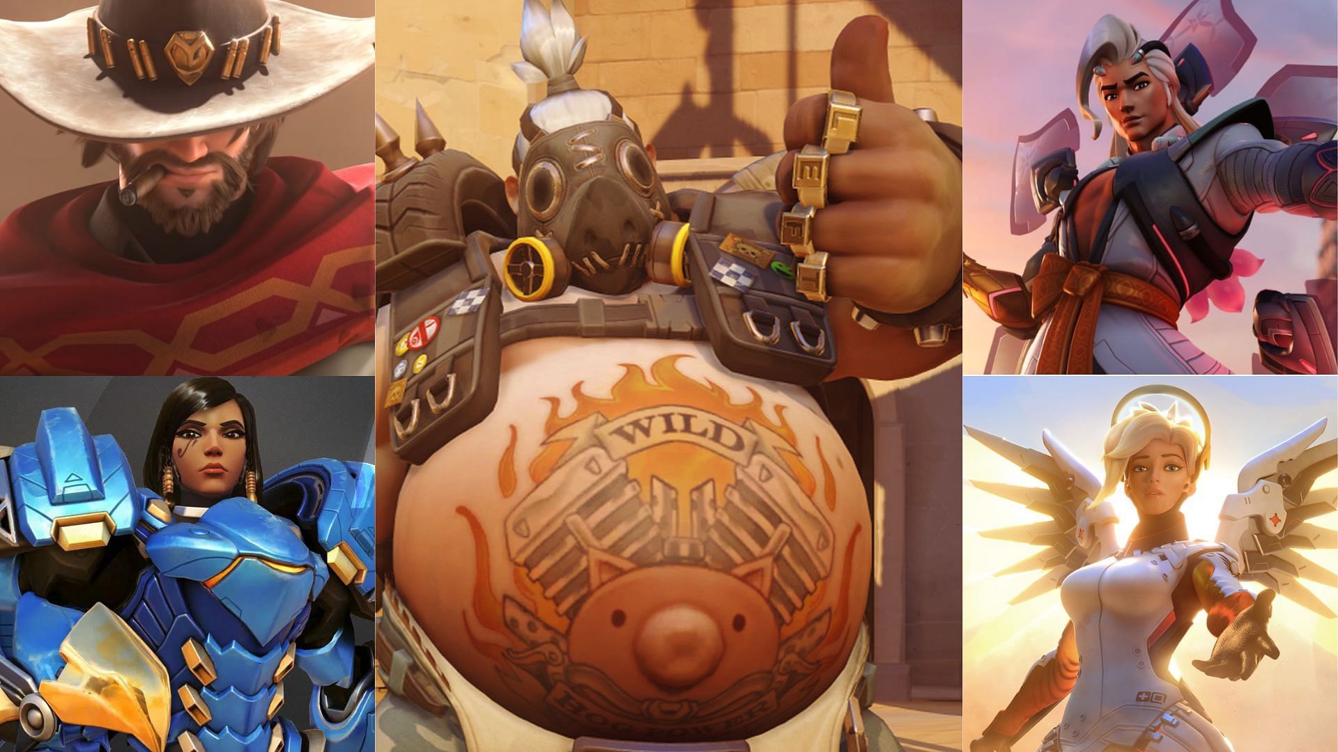 Team comp with Roadhog, Cassidy, Pharah, Mercy, and Lifeweaver (Image via Sportskeeda/Blizzard)