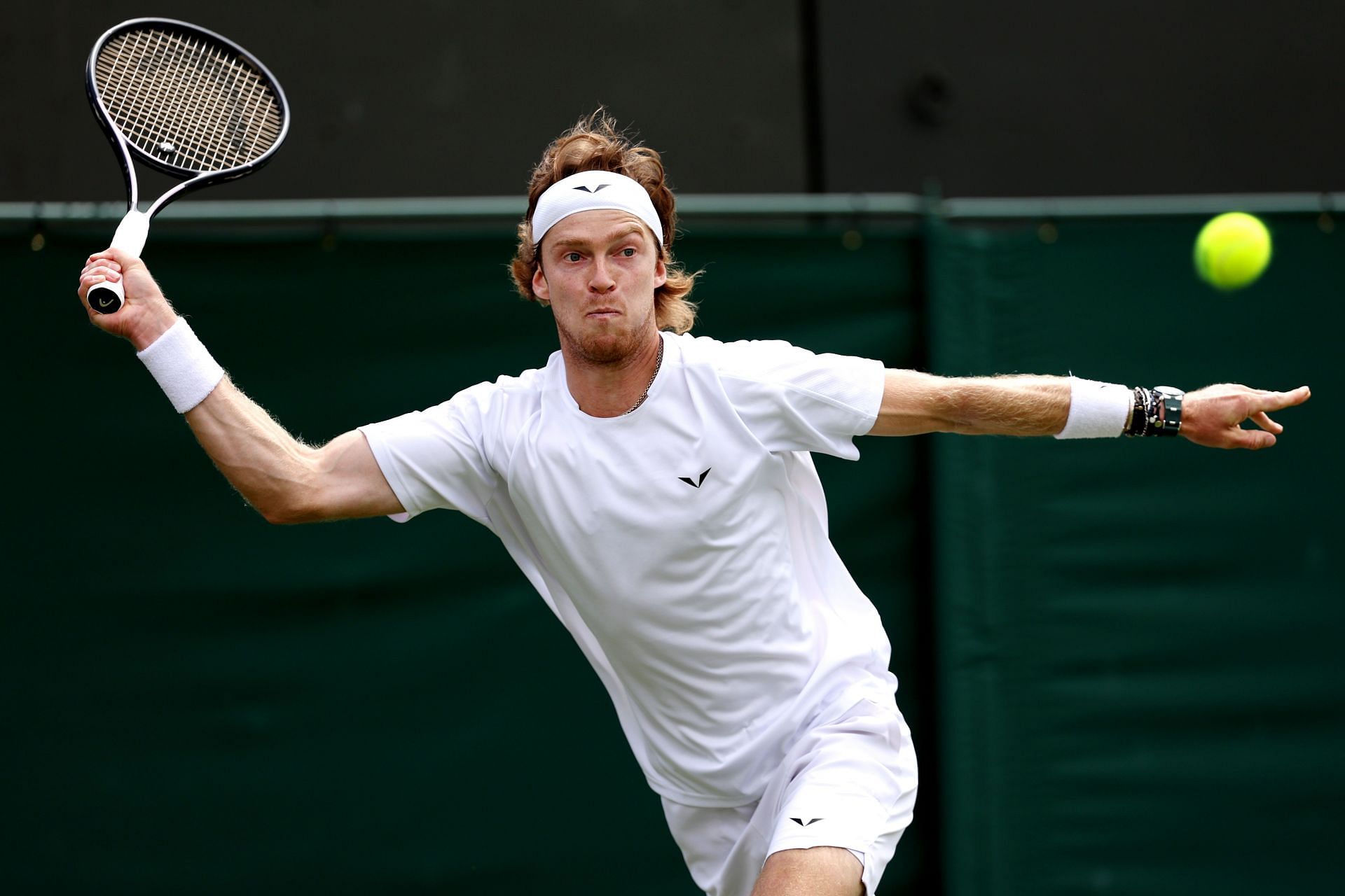 Andrey Rublev in action during the second round of Wimbledon 2023