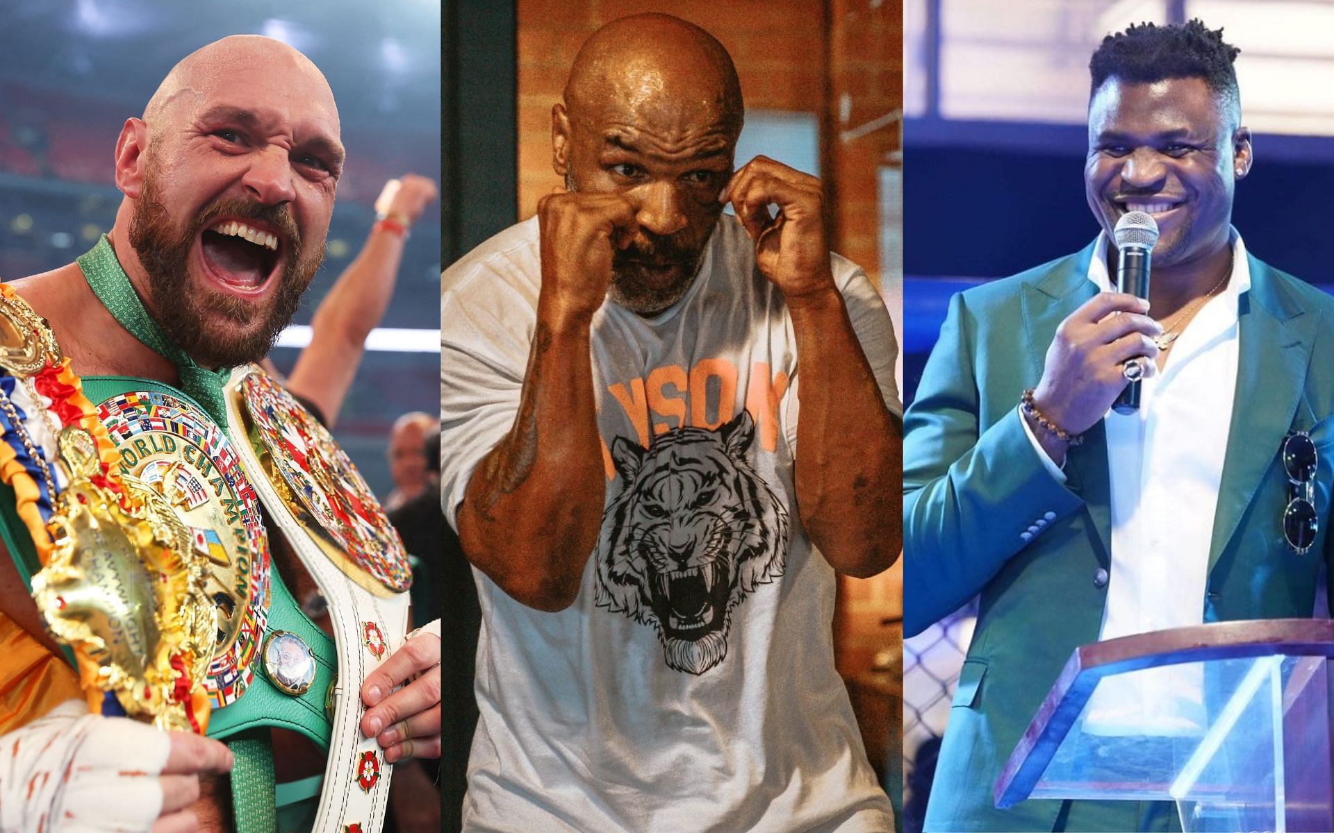 Tyson Fury (left), Mike Tyson (middle) and Francis Ngannou (right) [Images Courtesy: @miketyson and @francisngannou on Instagram, @GettyImages]