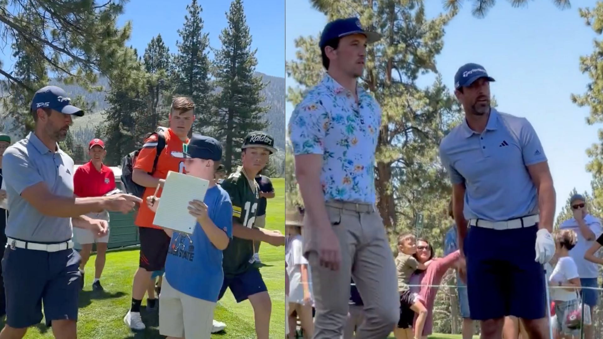 Aaron Rodgers at the Lake Tahoe celebrity golf tournament signing autographs (L) and playing with Miles Teller (R)