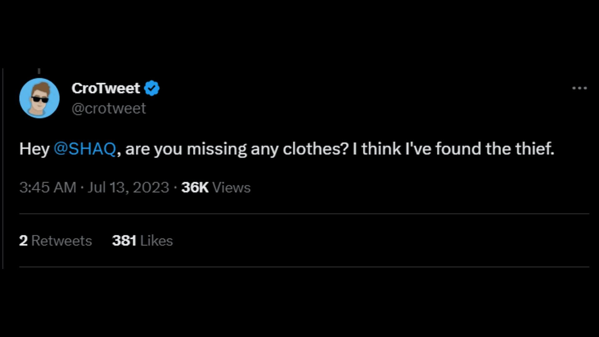 A Twitter user tags another to ask if they are missing any clothes and hints that Sam stole them. (Image via Twitter/CroTweet)