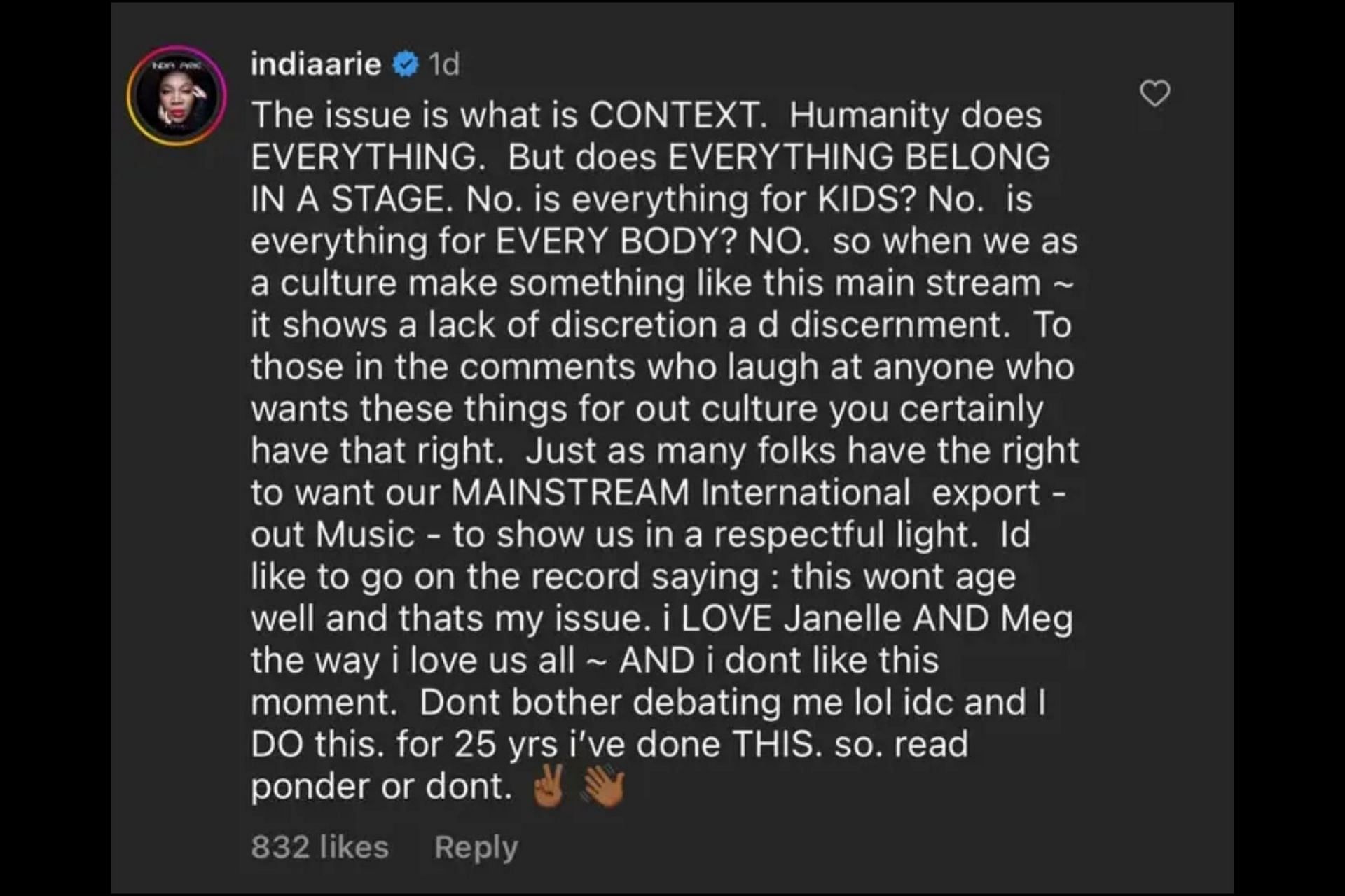 India Arie&#039;s comment on ESSENCE Fest&#039;s Instagram post. (Image via Instagram/@essence)