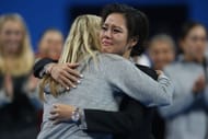Petra Kvitova hugging Li Na at the latter's retirement ceremony.