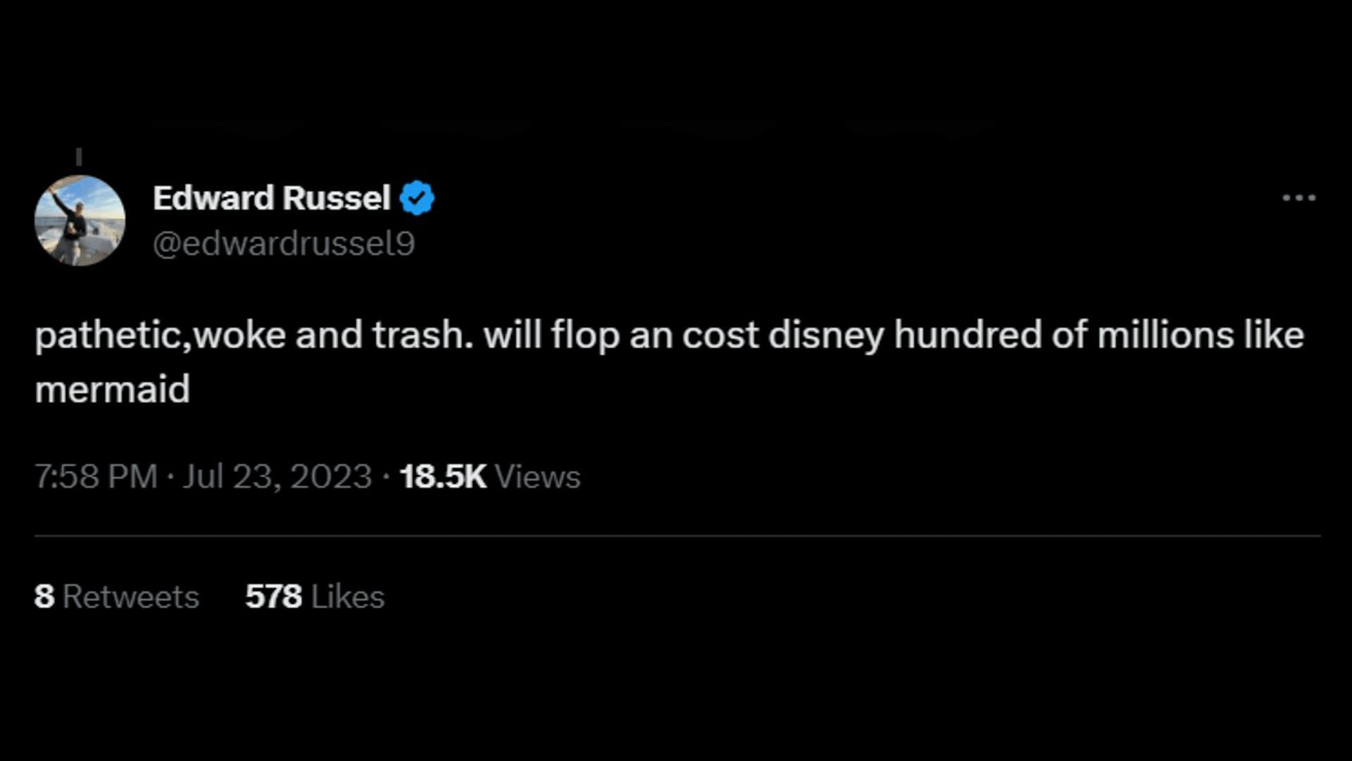 A netizen calls the Disney production &quot;woke.&quot; (Image via Twitter/Edward Russel)