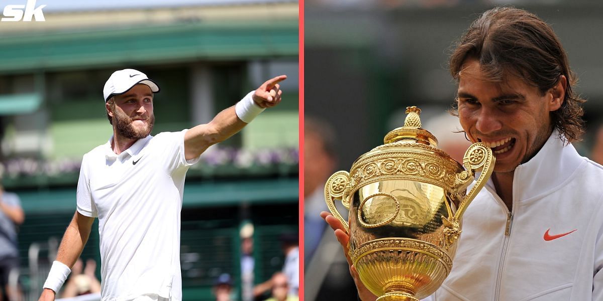 Liam Broady (L) and Rafael Nadal with his 2010 Wimbledon title