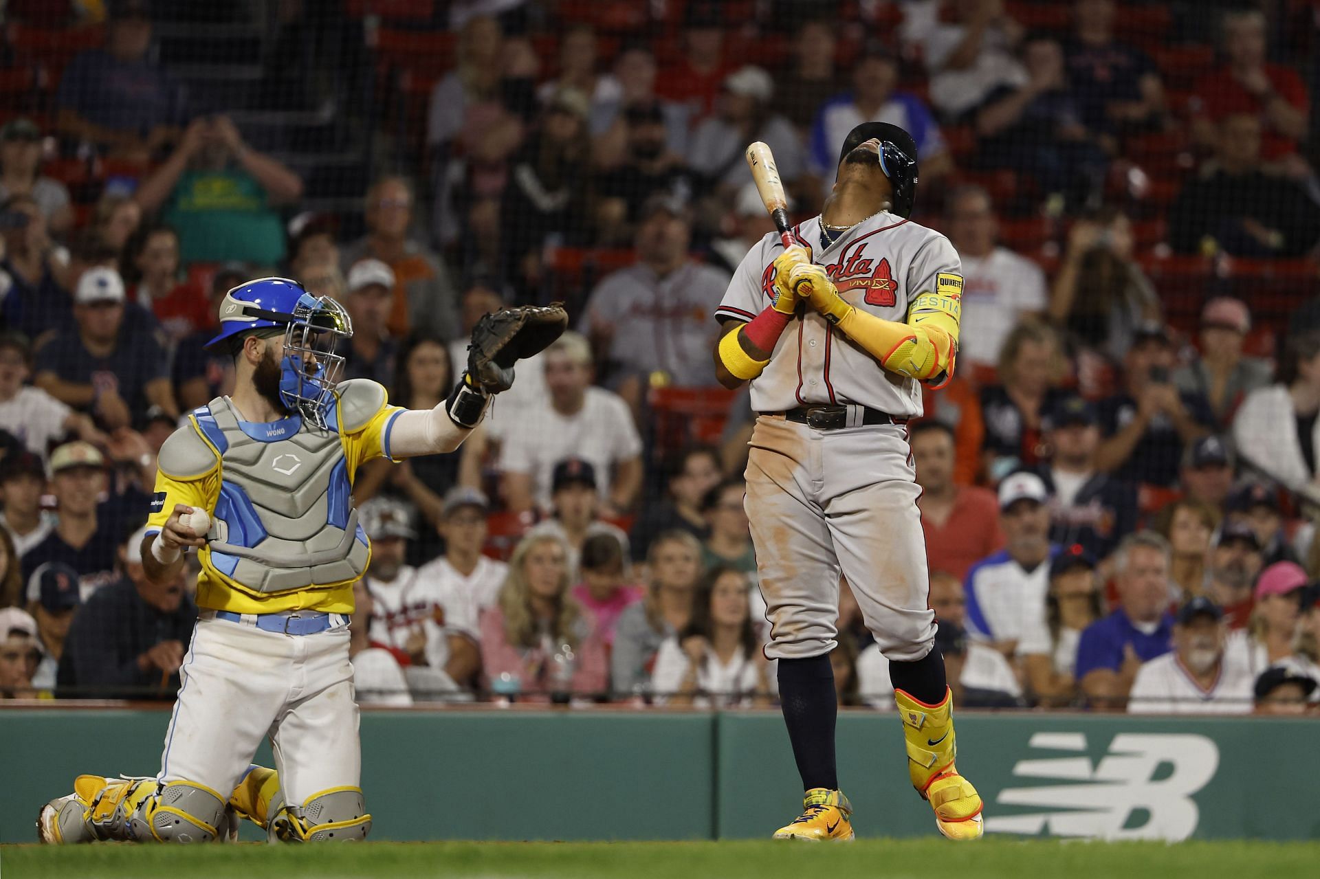 Ronald Acuna Jr. #13 of the Atlanta Braves drops his head back after being called out looking on strikes during the ninth inning of their 7-1 loss to the Boston Red Sox at Fenway Park on July 25, 2023 in Boston, Massachusetts. (Photo By Winslow Townson/Getty Images)