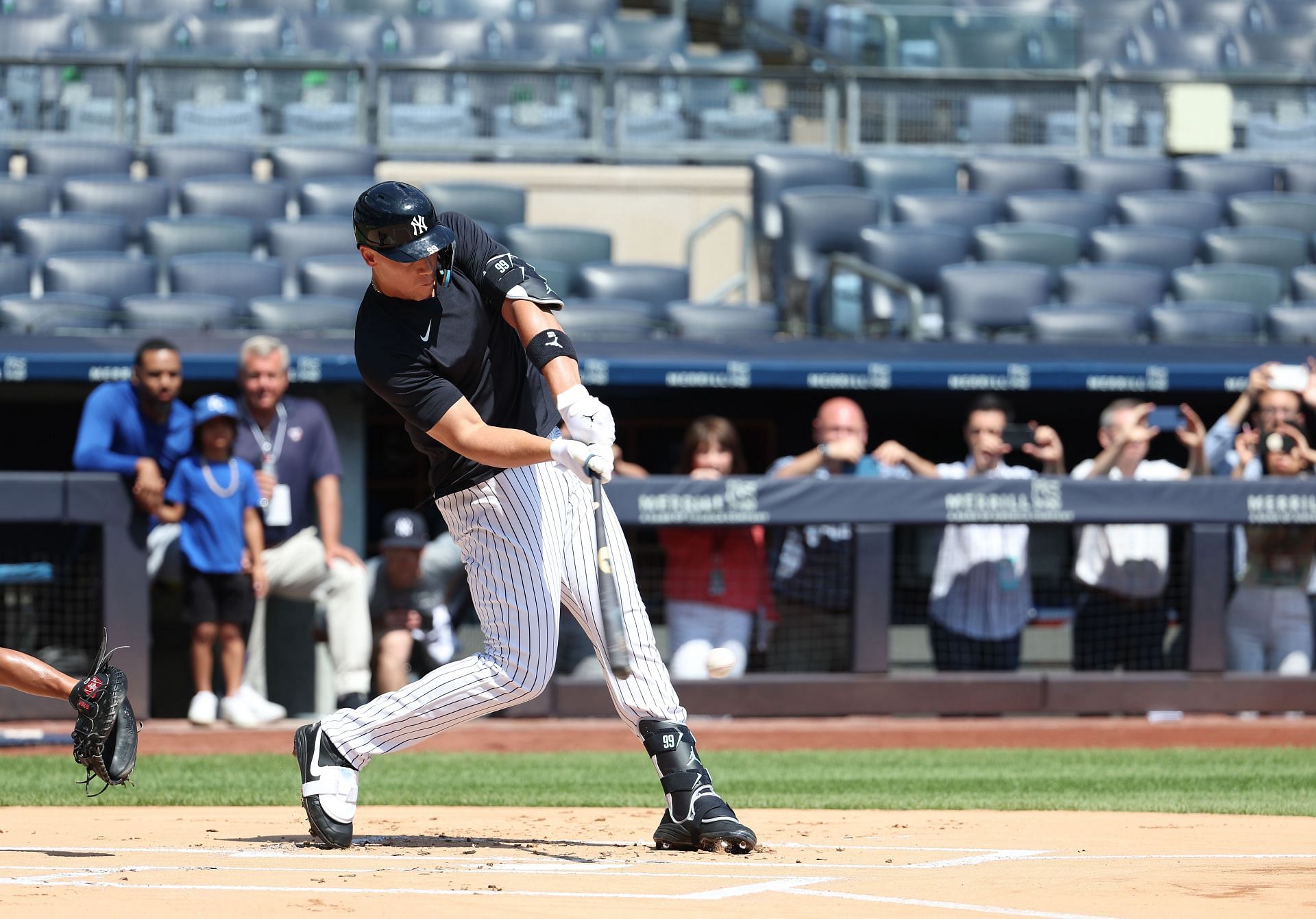 Aaron Judge #99 of the New York Yankees takes batting practice with live pitching prior to their game against the Kansas City Royals at Yankee Stadium on July 23, 2023 in Bronx borough of New York City. (Photo by Al Bello/Getty Images)