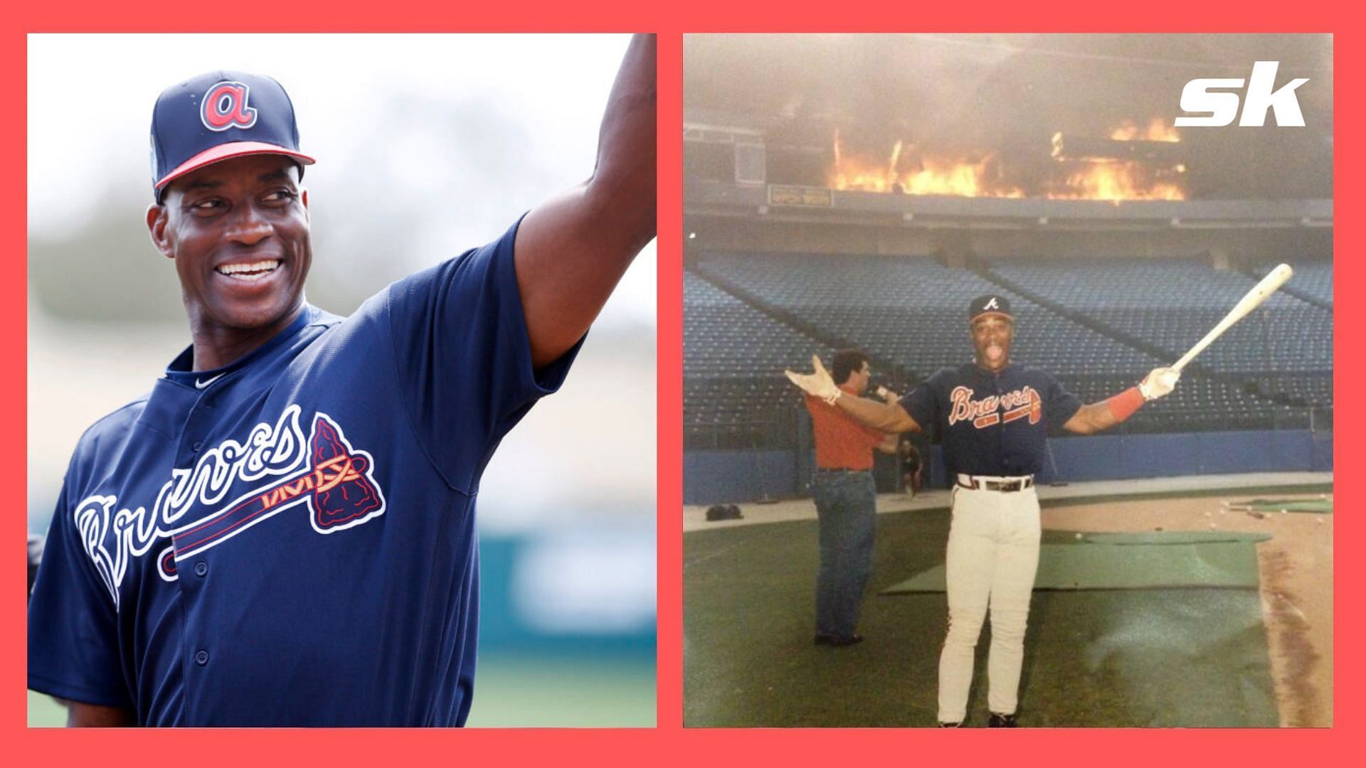 Fred McGriff stands in front of a stadium fire prior to his Braves debut
