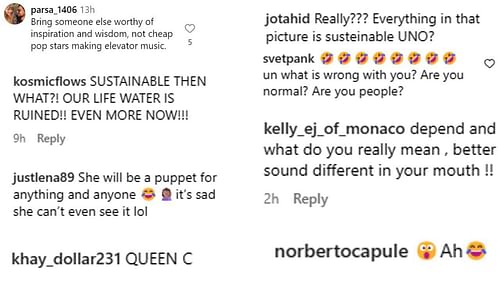 Comments left on the United Nations Instagram post about Ciara Wilson's sustainability campaign.