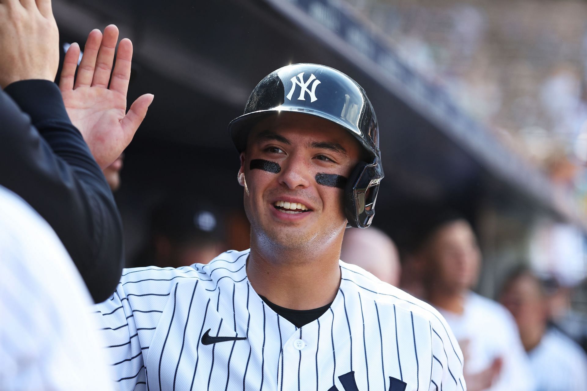 Anthony Volpe #11 of the New York Yankees celebrates after scoring