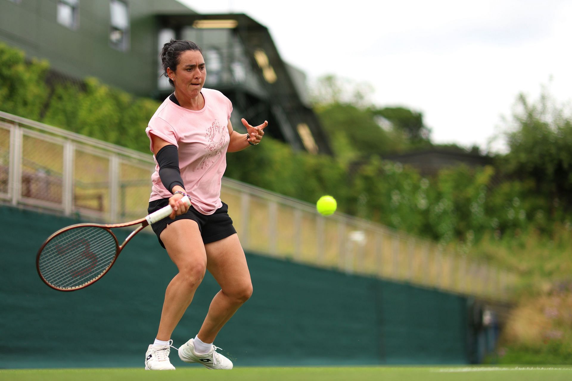 Ons Jabeur pictured practicing ahead of Wimbledon 2023.