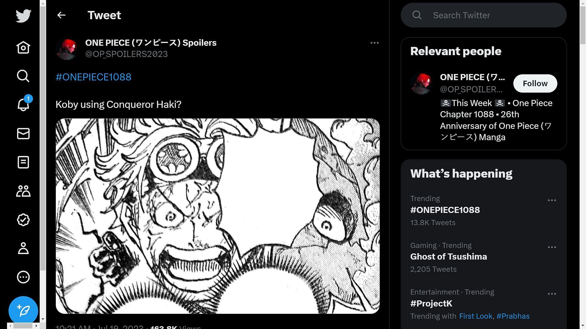 Twitter handle @OP_SPOILERS2023 speculates the possibility of Koby having Conqueror&#039;s Haki (Image Twitter/@OP_SPOILERS2023)