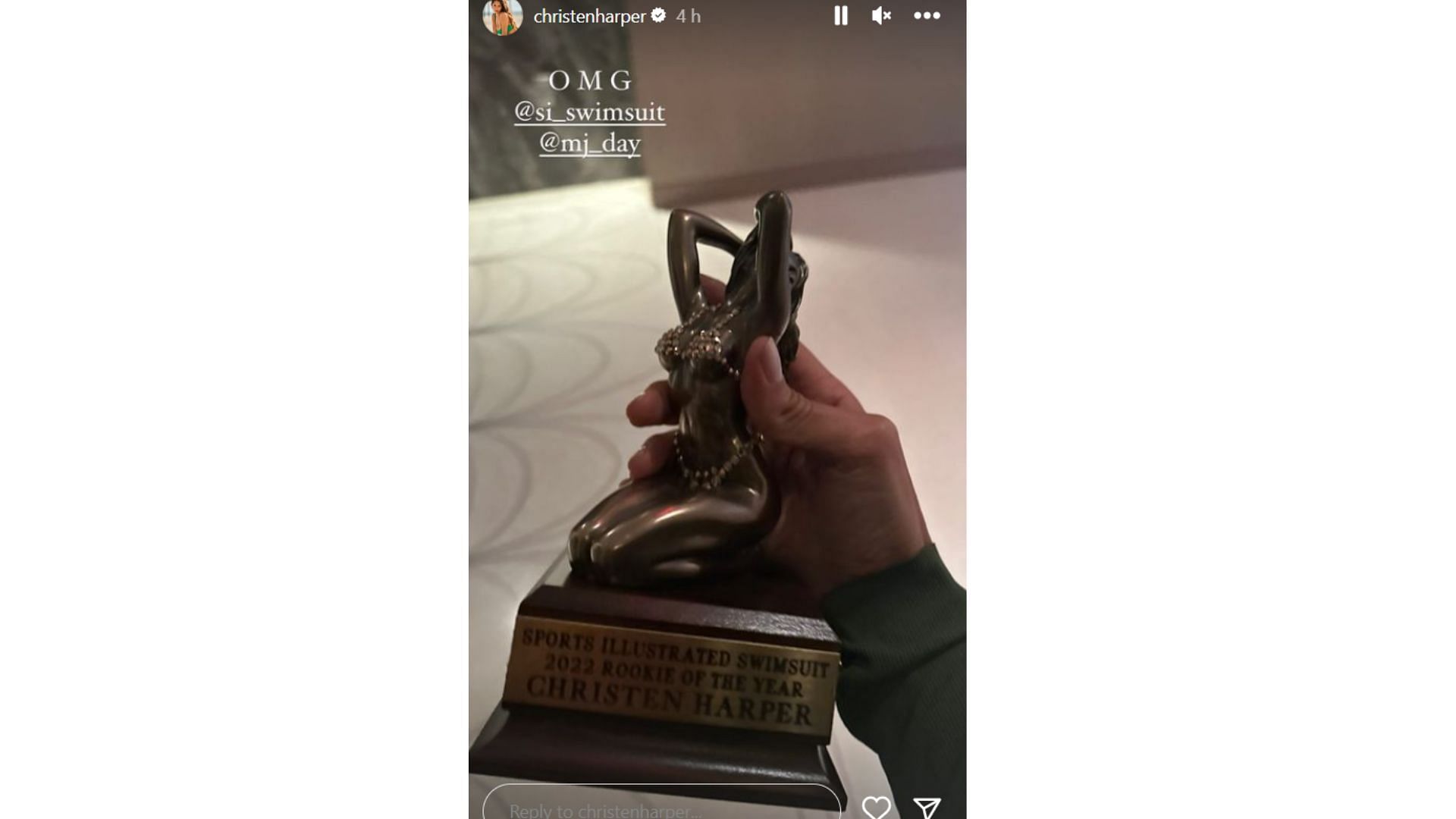 Christen Harper shows off her ROTY trophy and expresses her awe (Image Credit: Christen Harper&#039;s Instagram Story).