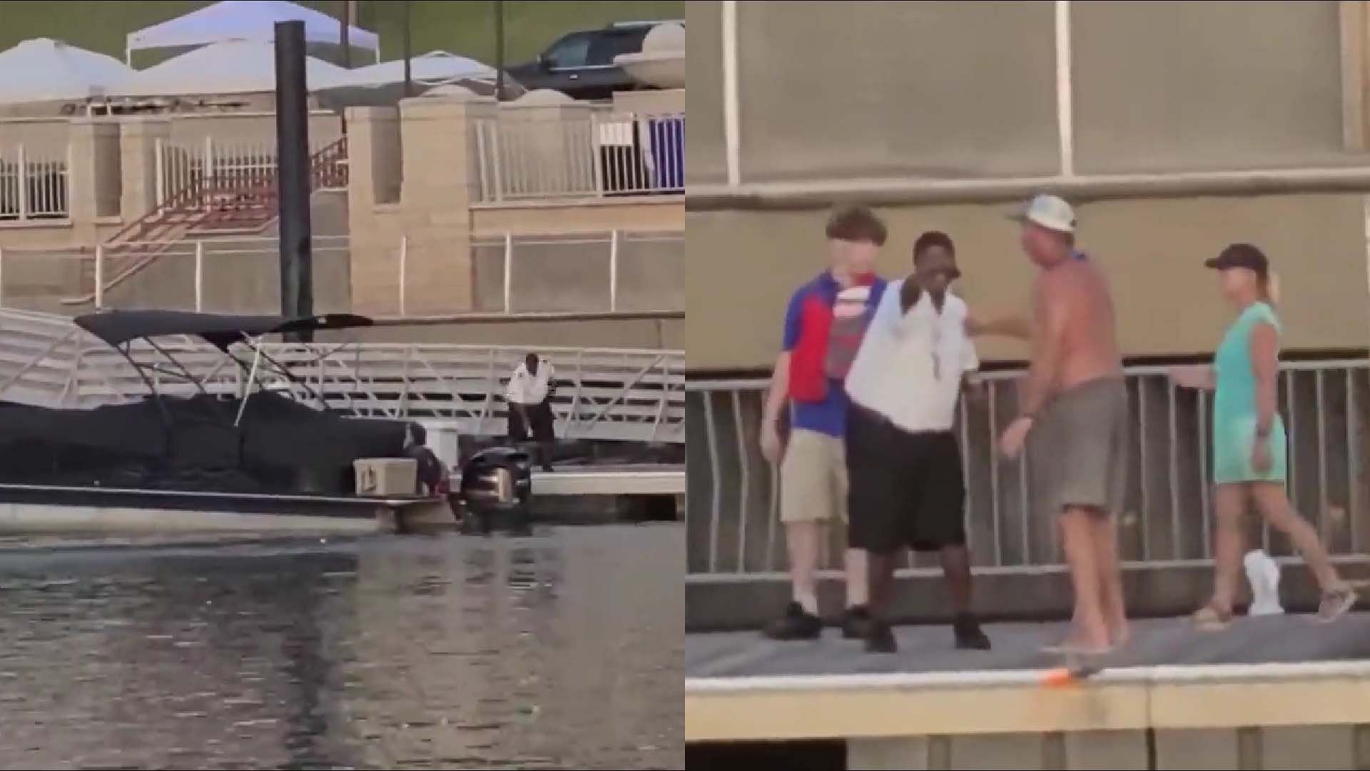 Pickett is seen attempting to push the platoon boat (left), and his argument with the owners (right) (Image via Twitter/@notcapnamerica)