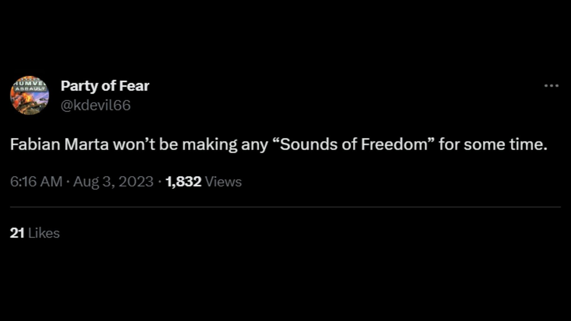 A tweet mocking Fabian and the movie &quot;Sound of Freedom&quot; which he funded. (Image via Twitter/Party of Fear)