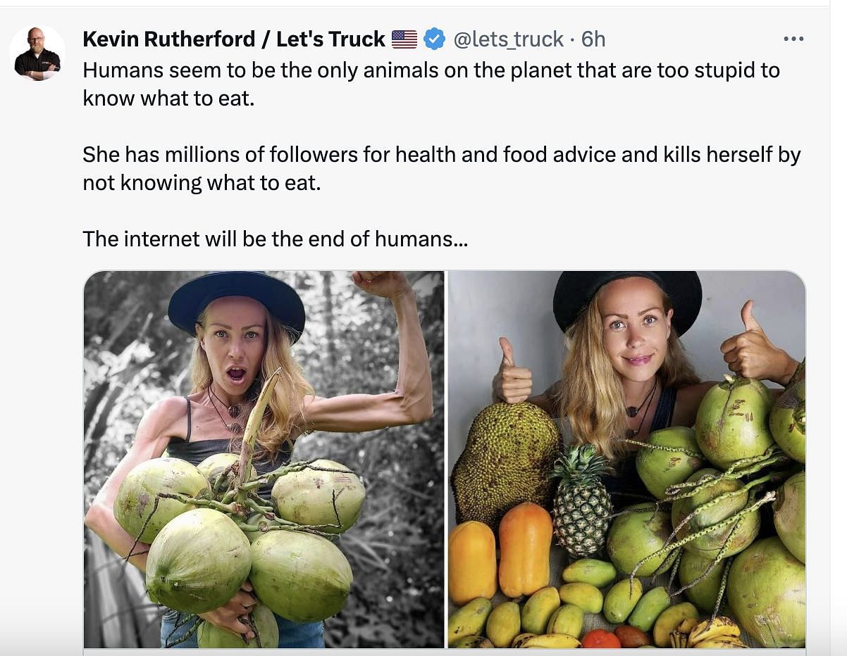 Social media users mourn the death of the vegan influencer, who passed away at 39 due to starvation while following a fruit-only diet. (Image via Twitter)