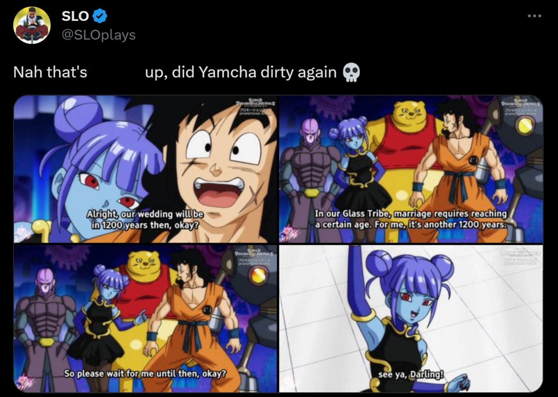 Screenshot of Dragon Ball fan sharing Yamcha&#039;s poor luck (Image via Twitter/Sportskeeda)