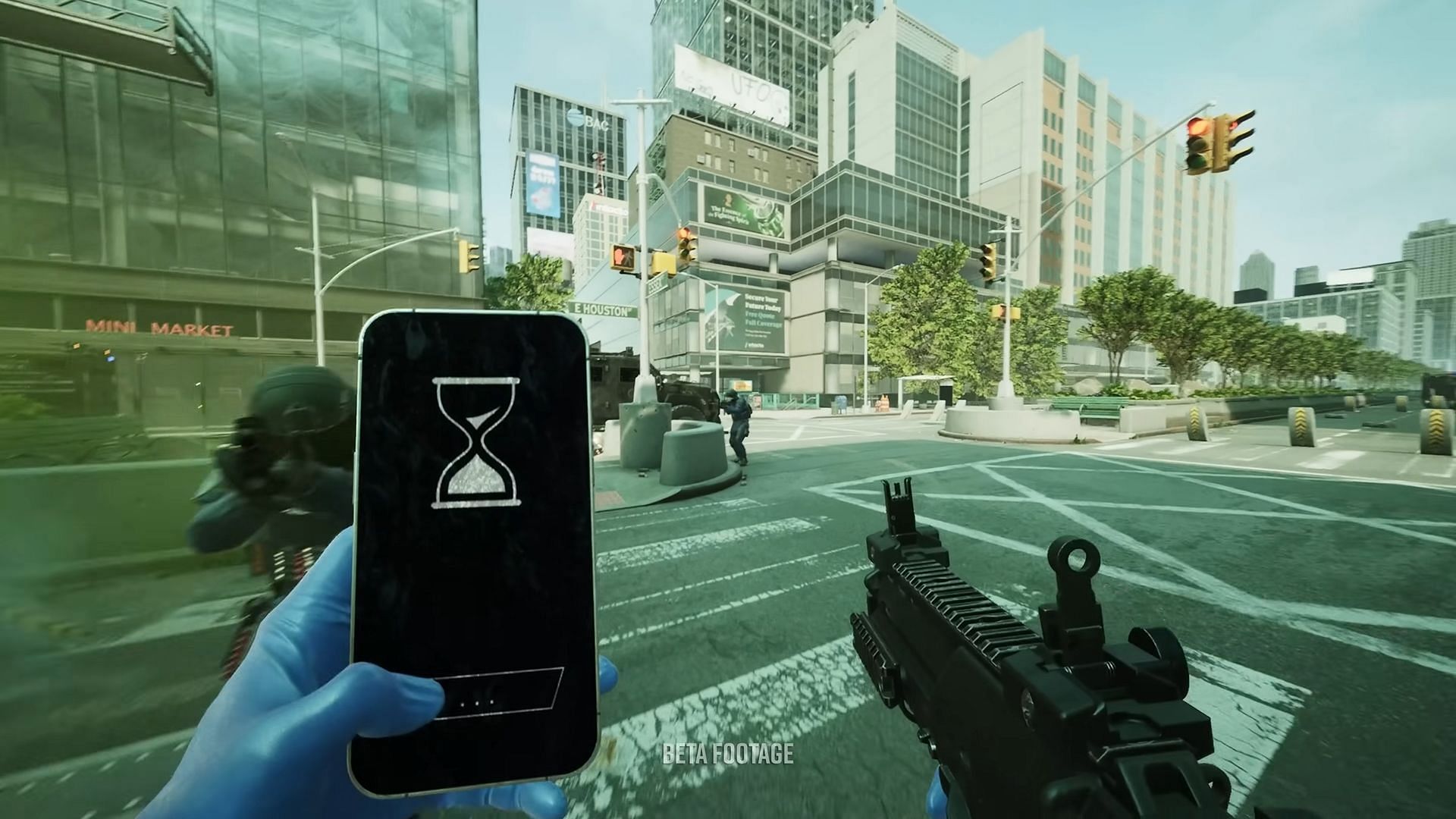 A player looking at this cellphone while wielding a rifle.