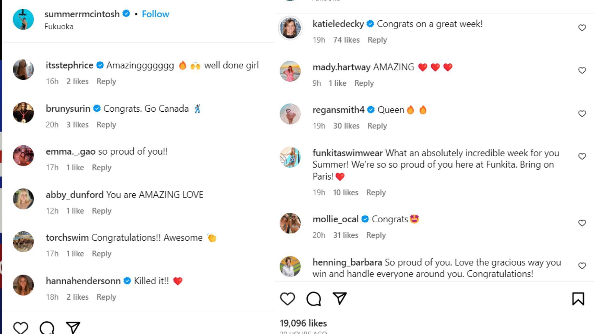 Reactions to Summer McIntosh&#039;s post (Image via Instagram/Summer McIntosh)