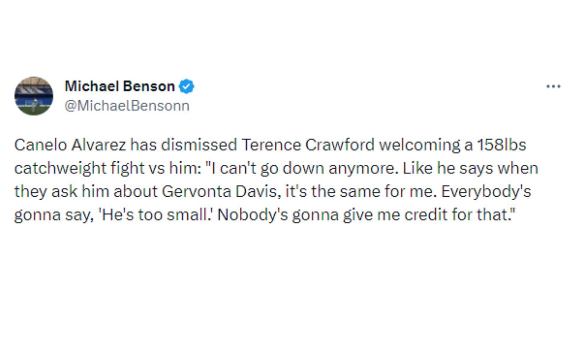 Tweet on Terence Crawford catchweight bout