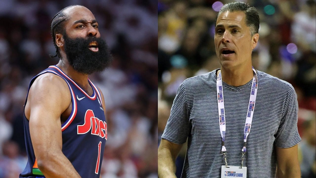 James Harden of the Philadephia 76ers and Rob Pelinka of the LA Lakers