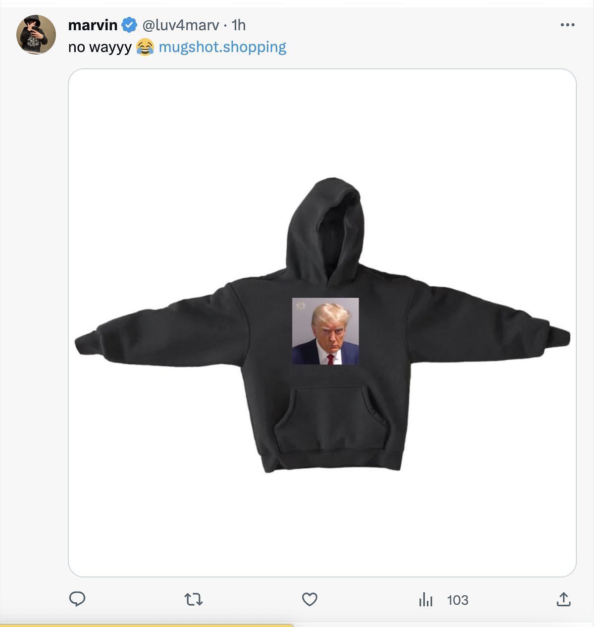 Social media users go gaga as Trump&#039;s mugshot merchandise makes way on social media following his arrest. (Image via Twitter)