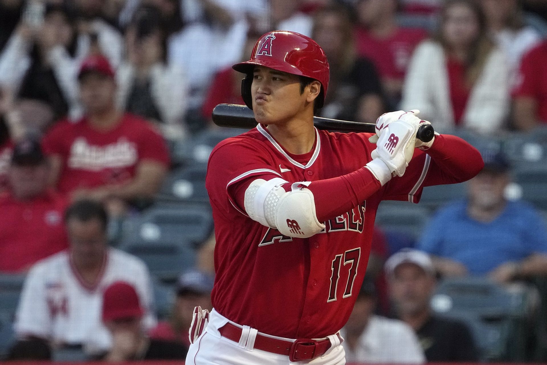 Los Angeles Angels&#039; Shohei Ohtani bats during the first inning of a baseball game against the Cincinnati Reds