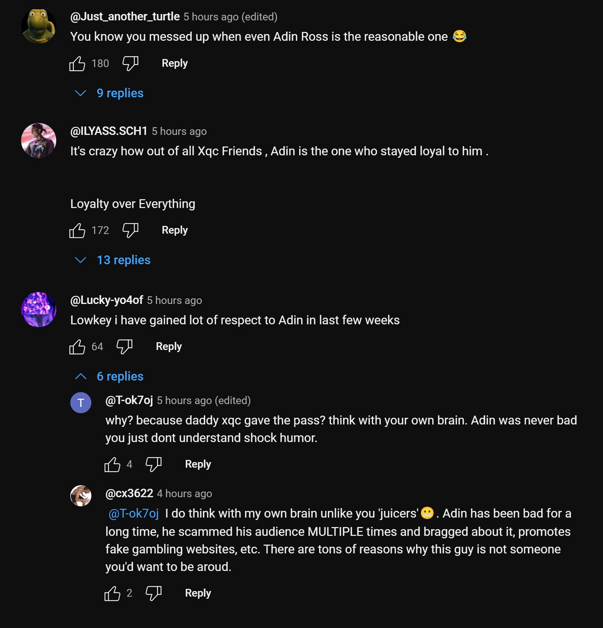 YouTube community discussing Adin Ross&#039; take on the xQc drama (Image via xQc Clips/YouTube)