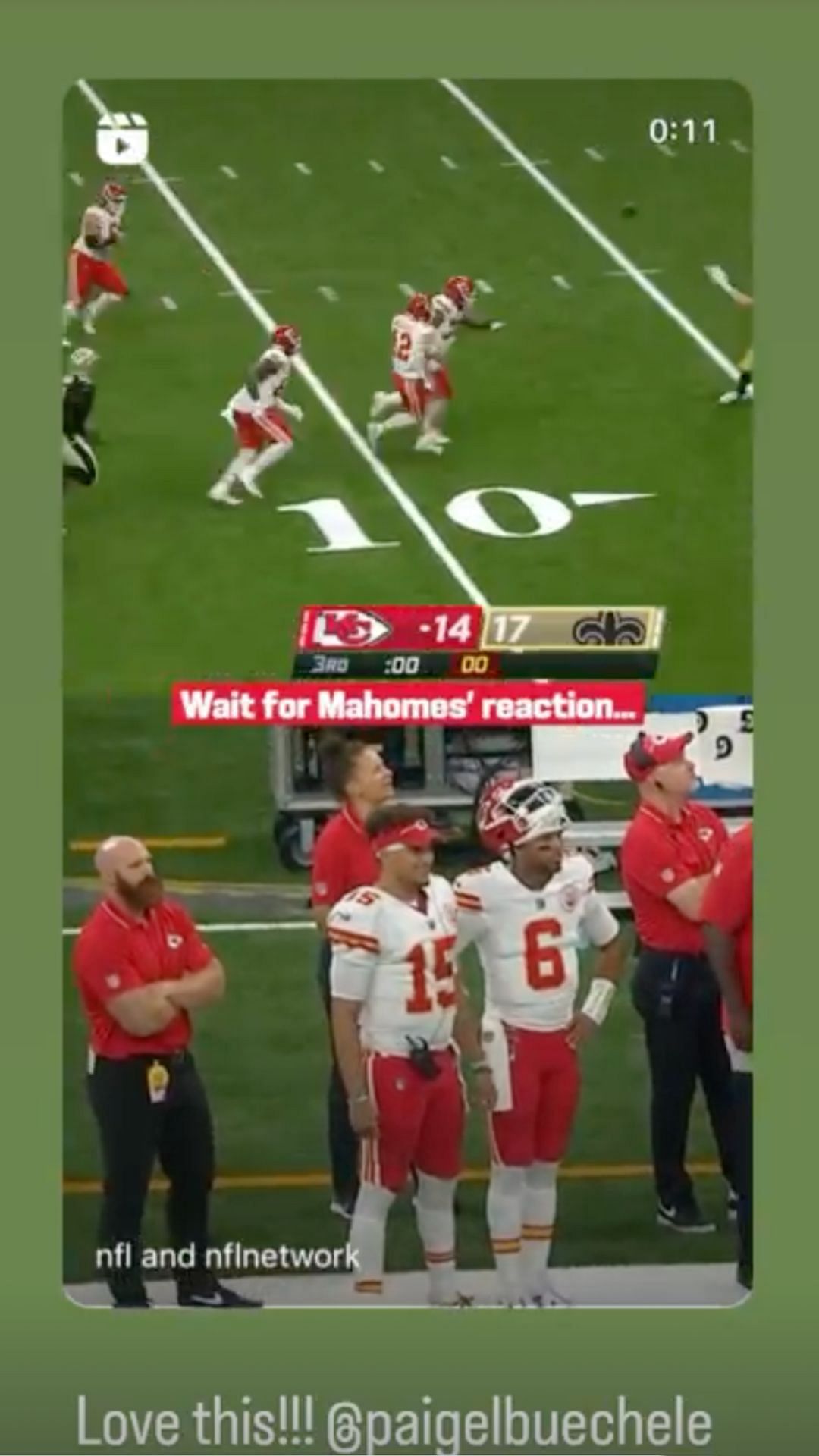 Brittany Mahomes&#039; reaction to the throw by Buechele. Credit: @brittanylynne (IG)