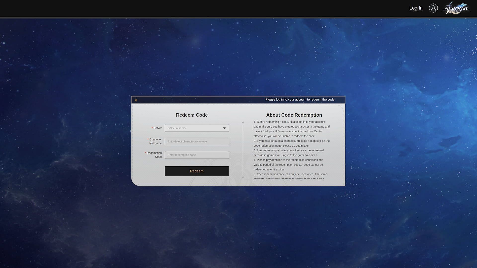 Redeeming the code via an external website (Image via HoYoverse)