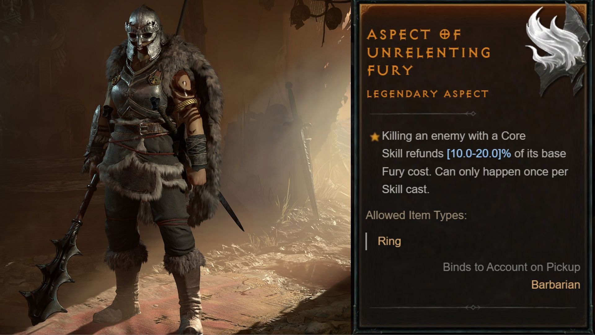 Diablo 4 Codex of Power menu with Aspect of Unrelenting Fury description.