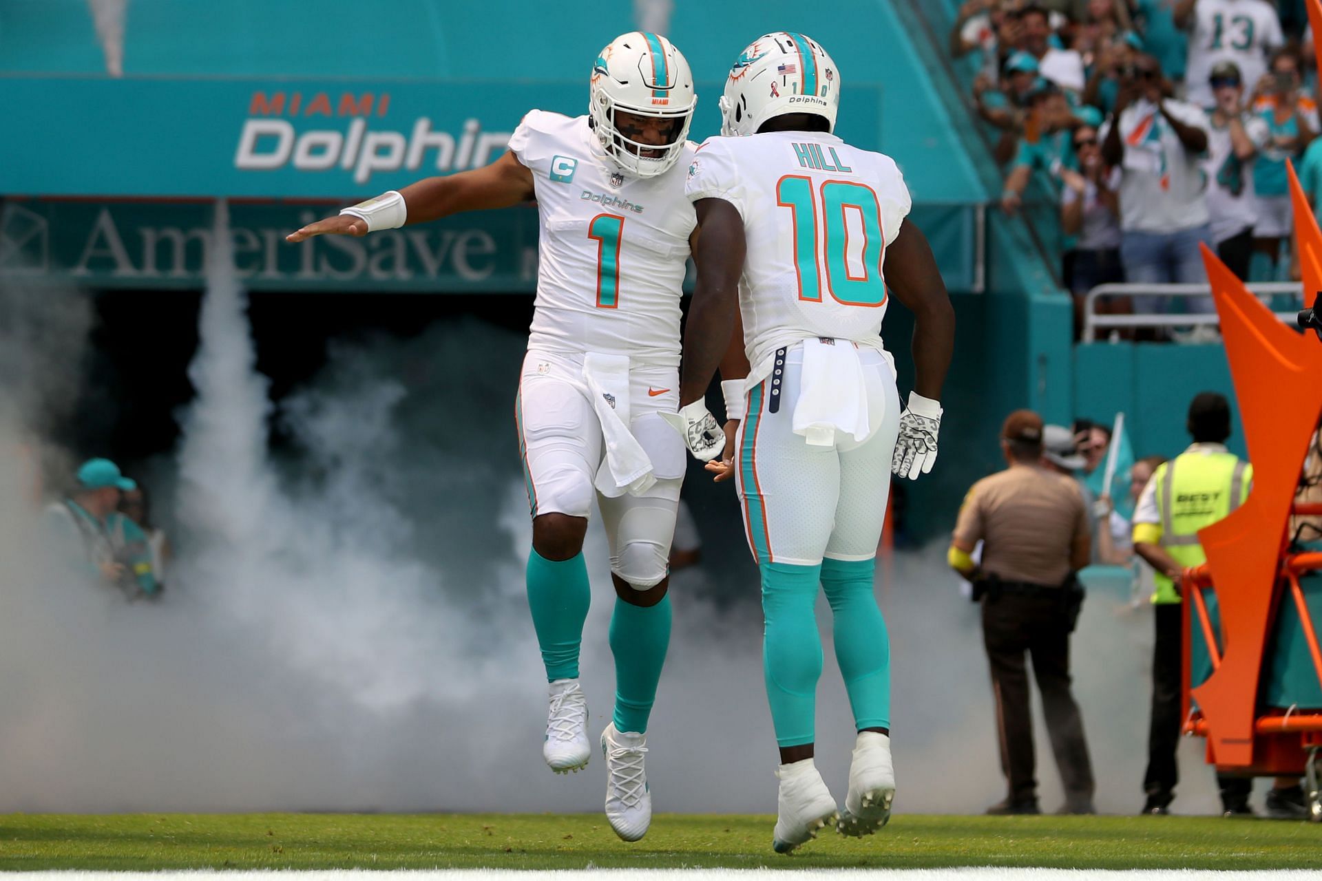 Tua Tagovailoa and Tyreek Hill: New England Patriots v Miami Dolphins