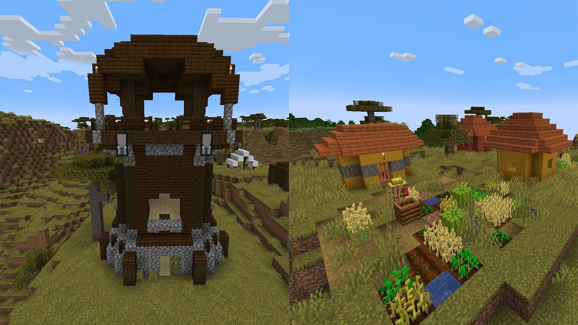 Village and outpost on opposite sides of the spawn (Image via Minecraft)