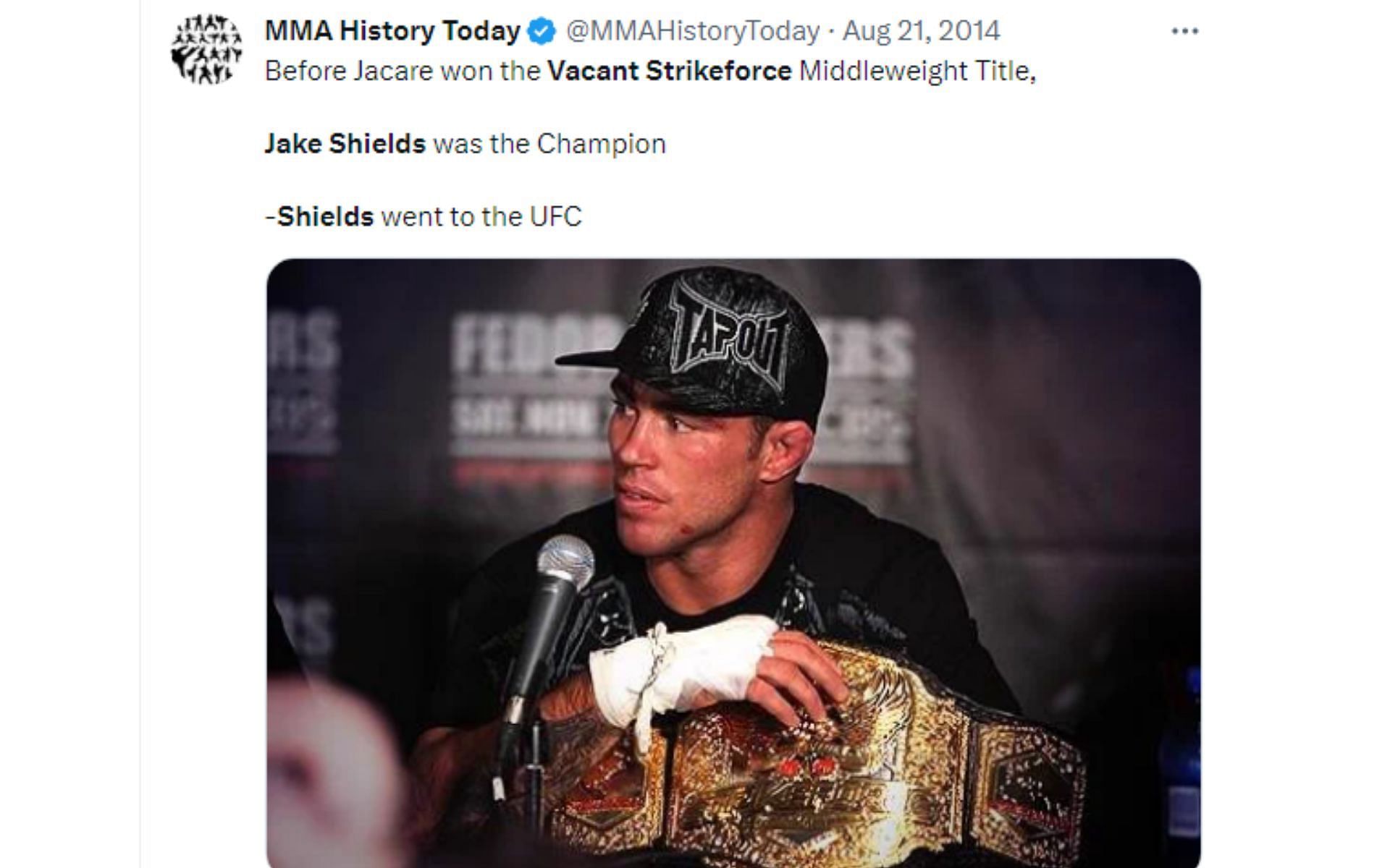 MMA History Today tweet about vacant Strikeforce championship