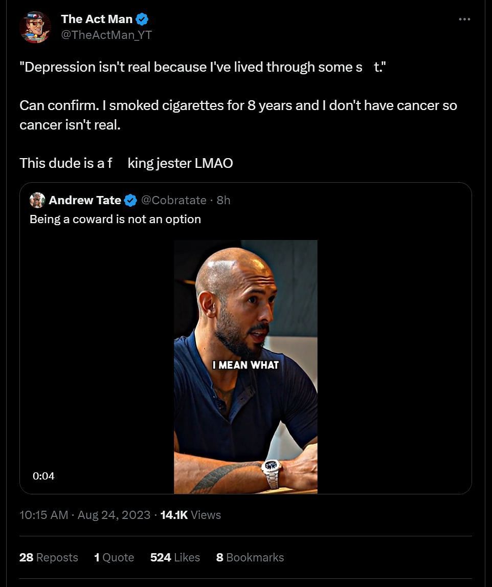 Andrew Tate tweet on depression provokes heavy backlash