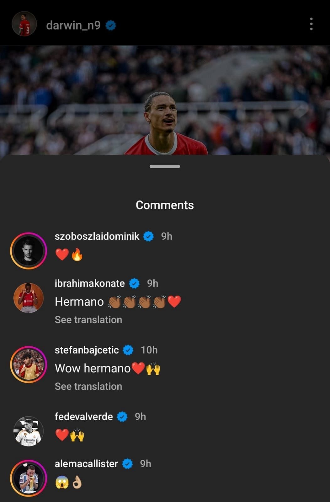 A screenshot of some of the comments on Darwin Nunez&#039;s Instagram post.