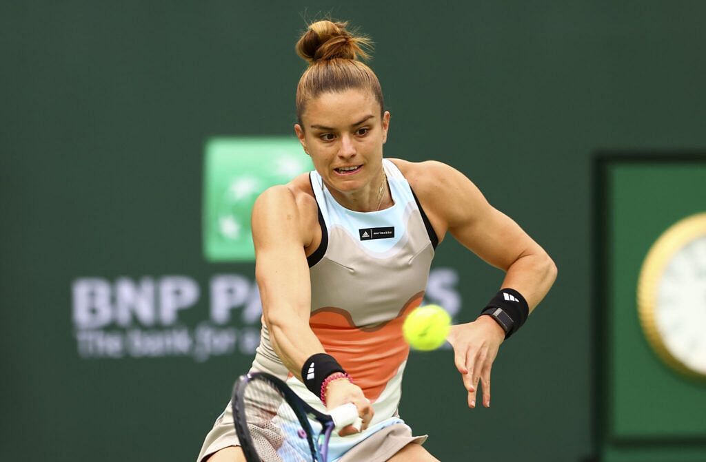 Maria Sakkari retrieves a ball at the 2023 BNP Paribas Open