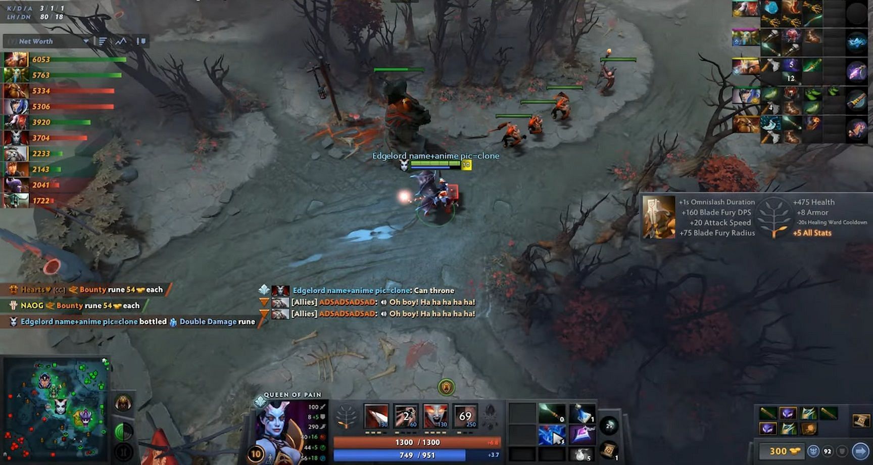 Screenshot from an Immortal ranked match where Quinn (Queen of Pain) breaks his items (Image via Twitch)