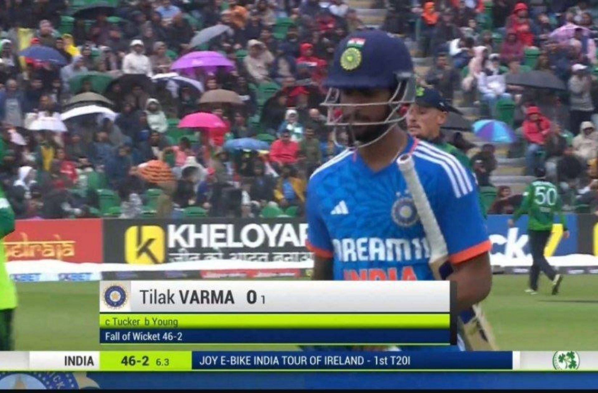 Tilak Varma walking back to pavilion after his golden duck. 