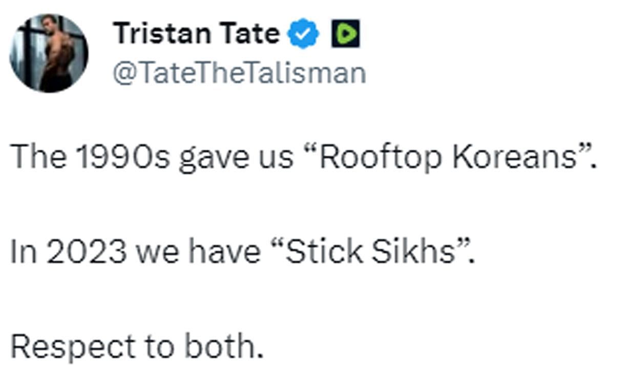 Tate&#039;s tweet about the Sikh store owner