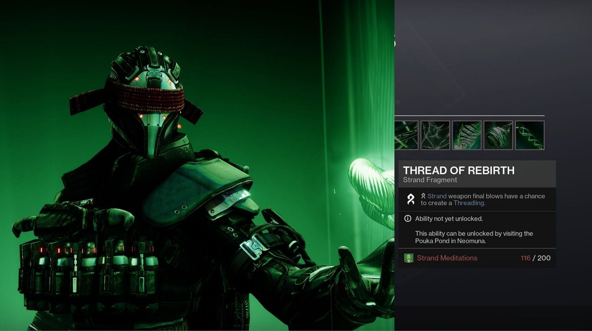 Destiny 2 Warlock on the left and description of Thread of Rebirth on the right.