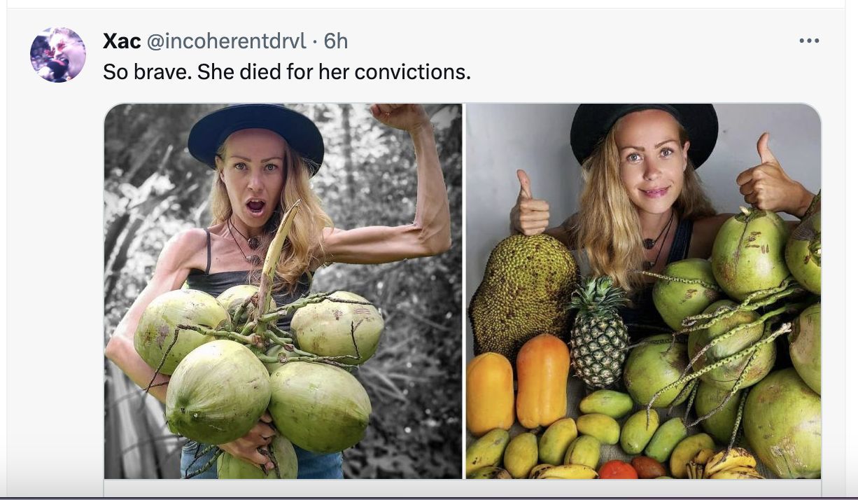 Social media users mourn the death of the vegan influencer, who passed away at 39 due to starvation while following a fruit-only diet. (Image via Twitter)