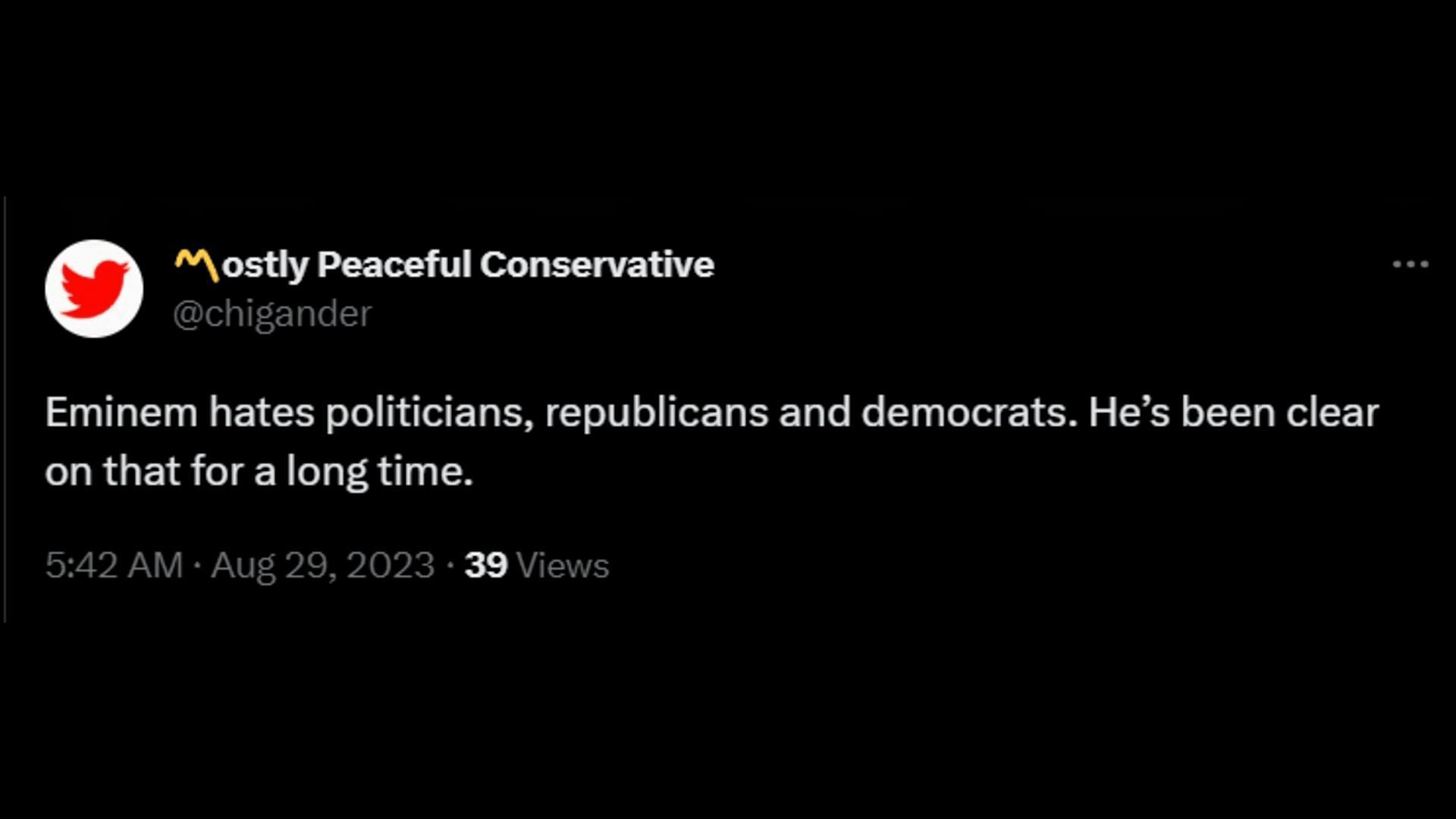 A netizen mentions that the rapper hates all politicians. (Image via X/Mostly Peaceful Conservative)