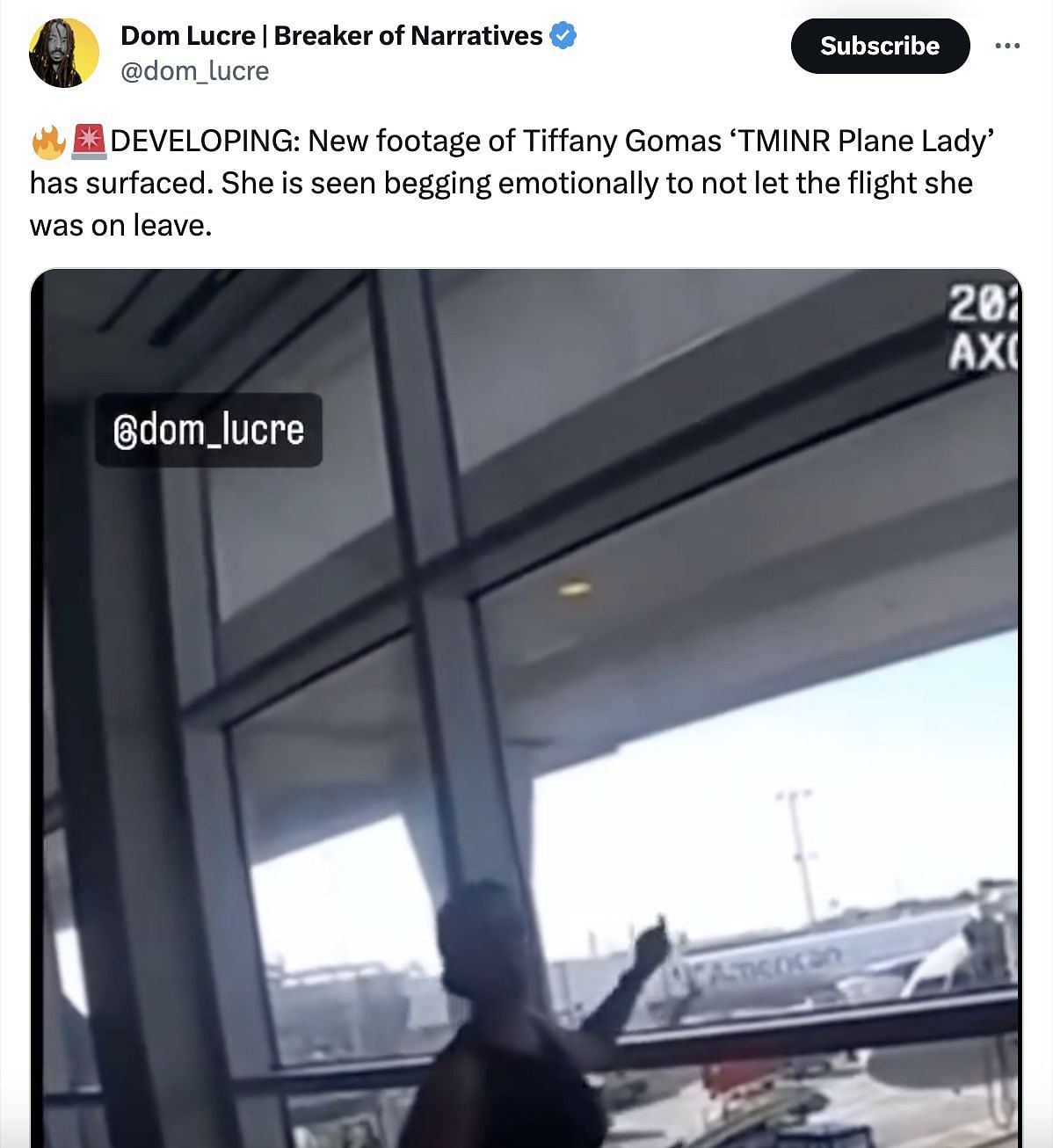 Social media users alarmed as a new video of the viral plane lady emerges on social media: Reactions explored. (Image via @dom_lucre/ Twitter)