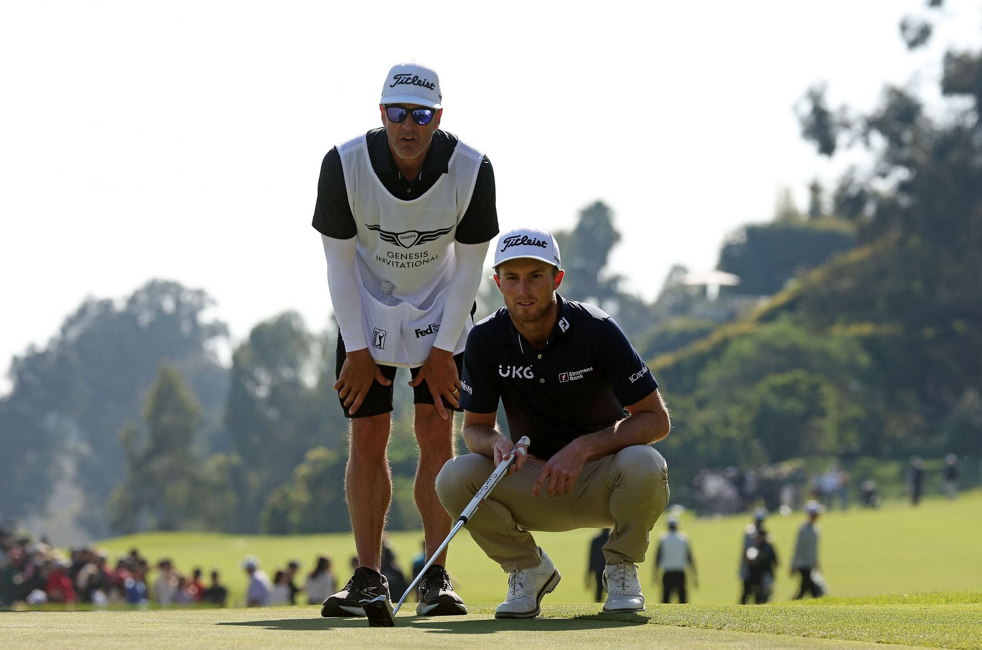 Will Zalatoris lines up a putt on the 18th green during the final round of the 2022 Genesis Invitational