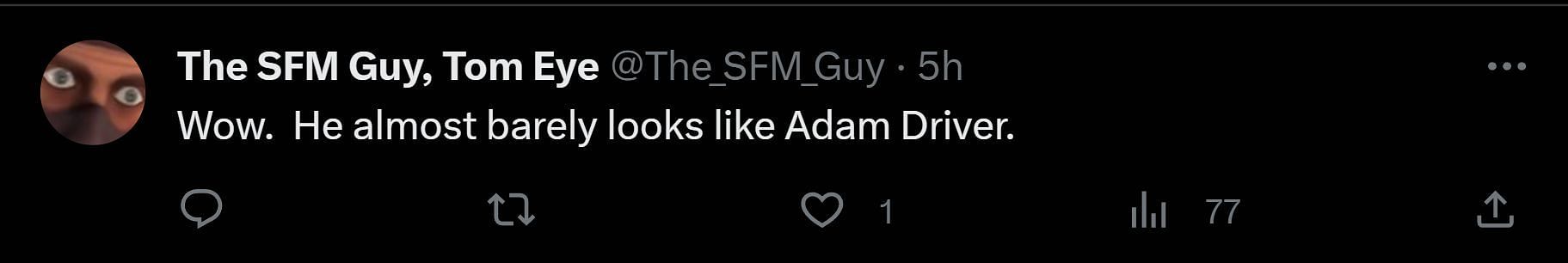 A tweet reply to DF&#039;s post about Adam Driver&#039;s first look (Image via X)