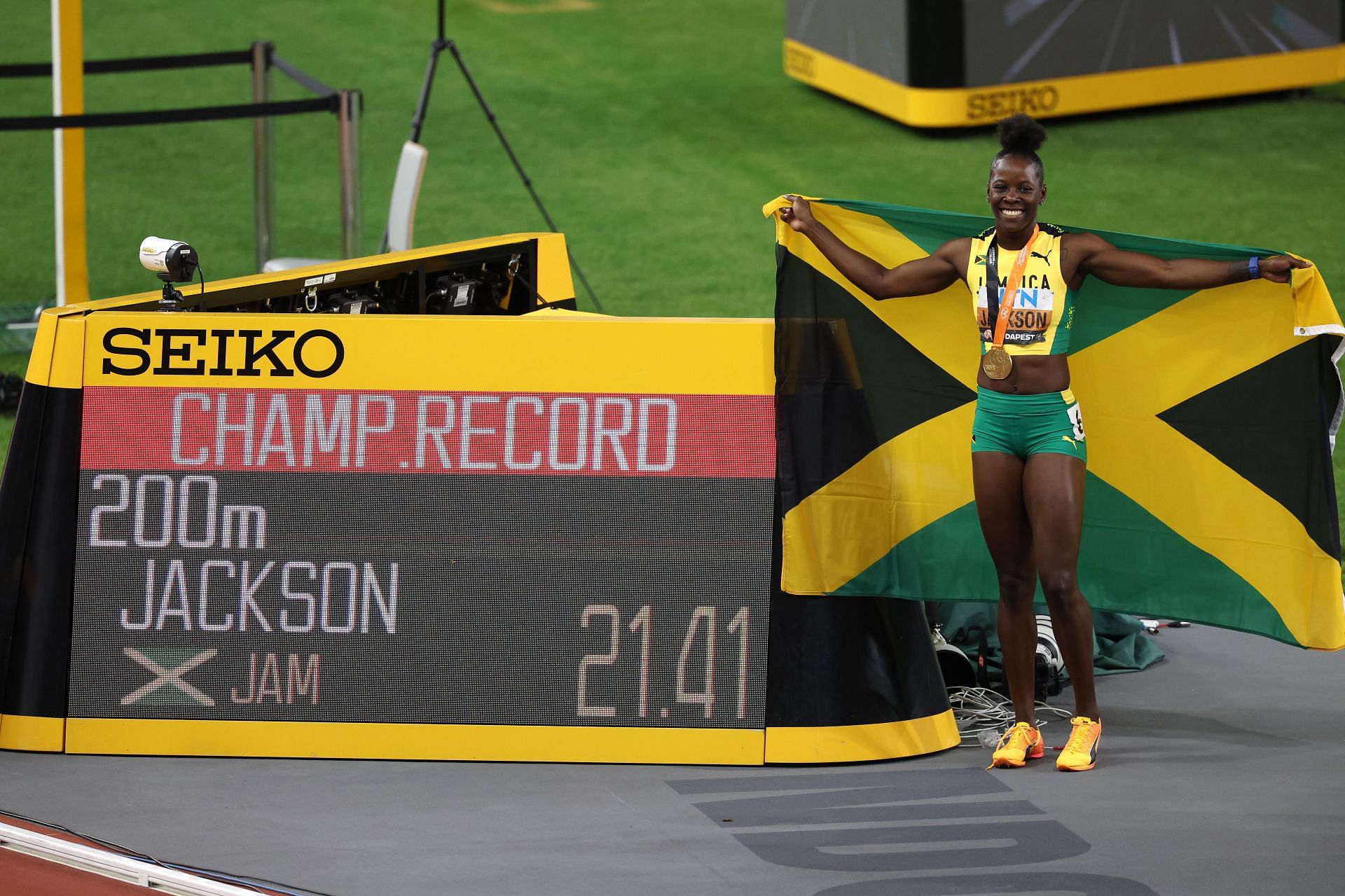 Shericka Jackson after winning the women&#039;s 200m at the 2023 World Athletics Championships in Budapest