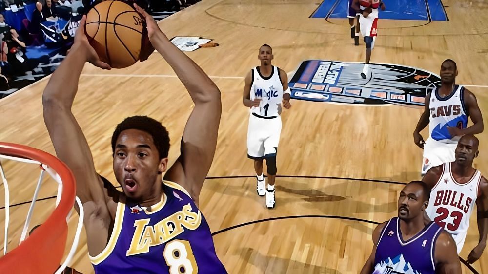 LA Lakers legend Kobe Bryant throwing down a dunk at the 1998 NBA All-Star Game